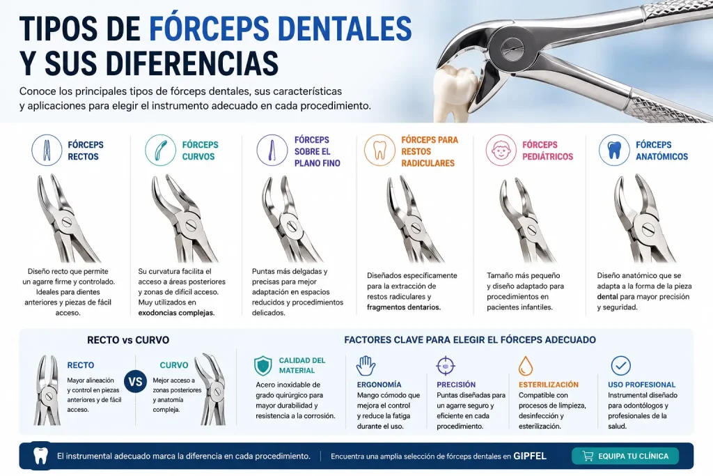 Tipos de fórceps dentales utilizados en procedimientos de exodoncia